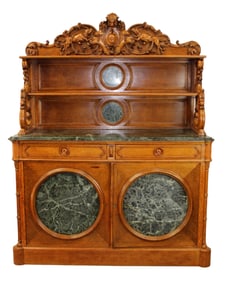 French buffet St Hubert in oak with marble and carved boar head and dog crest