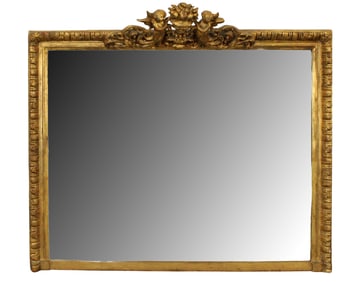 French gilt painted mirror with double cherub crest