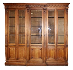 French 5 door bookcase in walnut with fluted pilasters with Ionic capitals