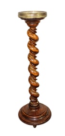 French barley twist plant stand or pedestal in walnut with marble top and brass gallery