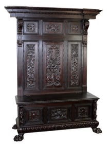 Italian Renaissance relief carved high back hall bench