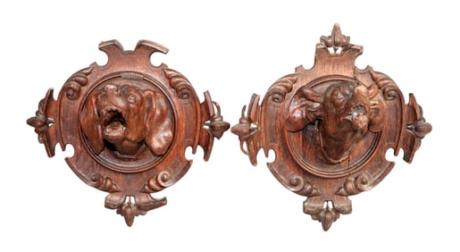 Lot of 2 French relief carved oak dog head plaques
