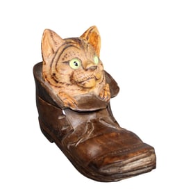 Swiss Black Forest miniature carved walnut cat in boot inkwell