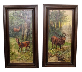 Pair of French oil on canvas paintings with deer and elk