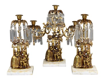 Victorian 3 piece embossed brass girandole candelabra set