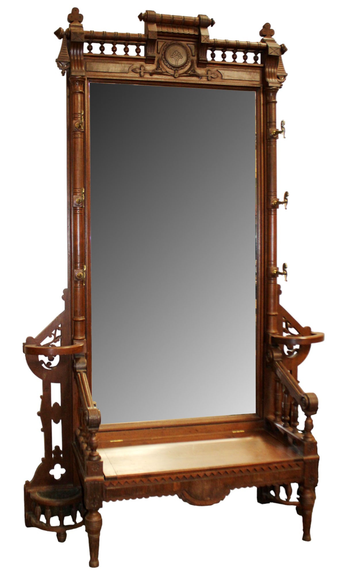 American Eastlake hall bench with mirror: American Eastlake hall bench with mirror. Approximately: 102"h x 61 3/8"w x 20 3/4"d.