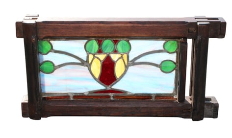 Arts & Crafts stained glass window in Mission oak frame
