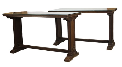 Lot 2 antique American bank tables with double pedestal bases in oak with glass tops