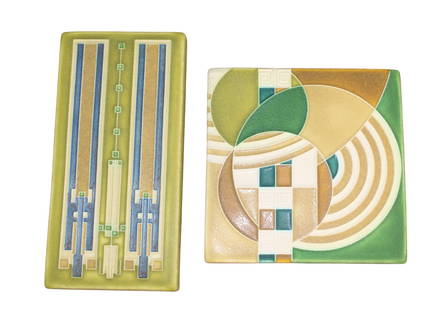 Lot of 2 Motawi Tileworks Frank Lloyd Wright Collection tiles: Lot of 2 Motawi Tileworks Frank Lloyd Wright Collection tiles. 8"h x 4"w and 6" sq. Weight: 4lbs total.