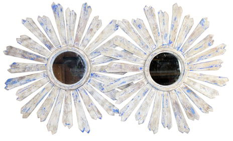 Pair of French painted pine sunburst mirrors