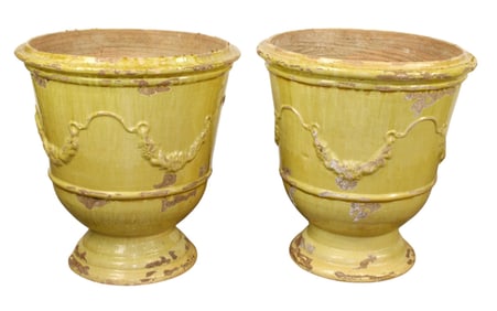 Pair of French Anduze glazed terra cotta garden urns