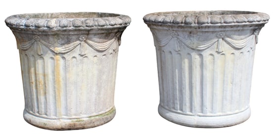 Pair of classical fluted large scale cast garden stone planters