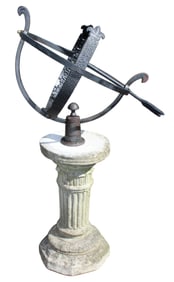 Armillary sundial mounted on cast concrete fluted column pedestal
