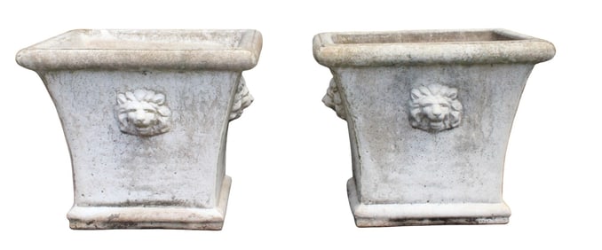 Pair of square cast garden stone flared planters with lions