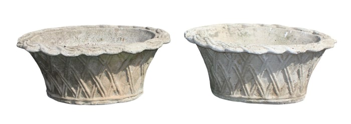 Pair of cast concrete basket weave garden planters