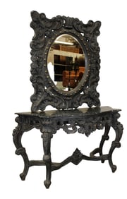 Arhaus heavily carved console table with marble top and mirror
