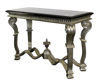 Italian metal wrapped console with black granite top