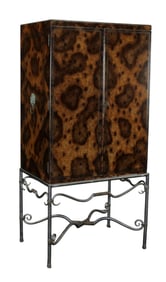 Maitland Smith embossed leather cabinet on iron stand and lion masks