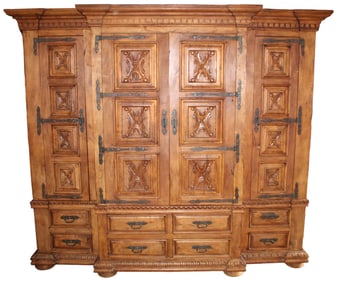 Grand scale carved teak 3 section bookcase with iron hardware