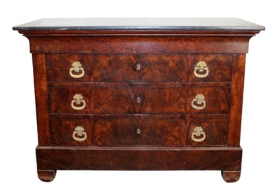 French Louis Philippe commode in flame mahogany with marble top