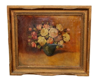 Oil on canvas painting still life flowers in vase