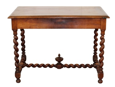French side table desk in walnut on barley twist legs with hidden drawer