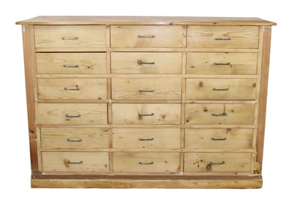 French 18 drawer hardware shop counter in pine