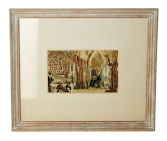 Watercolor painting on paper of cathedral interior