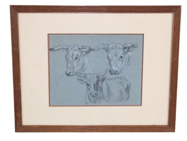 Continental pencil sketch of bull framed under glass