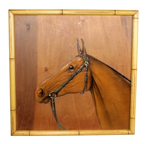 Mixed media profile of a horse mounted on board in faux bamboo frame