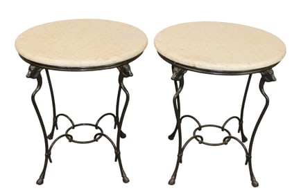 Pair of neo-classical wrought iron base tables with marble tops