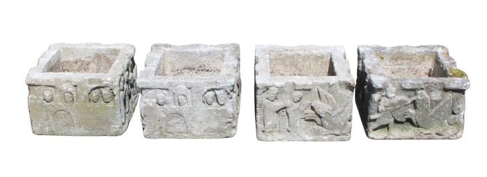 Lot of 4 French cut stone square garden planters with castles and figures