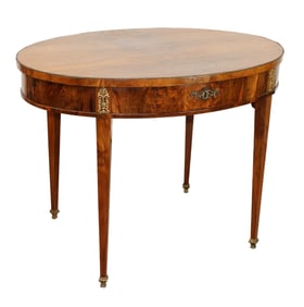 French neo-classical burled walnut oval side table on tapered legs