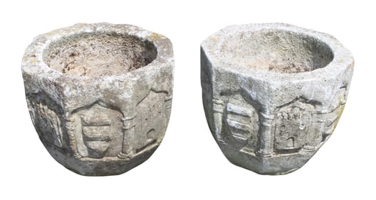 Pair of cut stone hexagonal garden planters