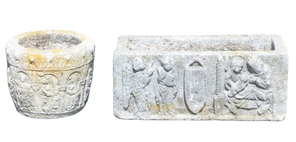 Lot of 2 French cut stone garden planters - 1 trough and 1 round