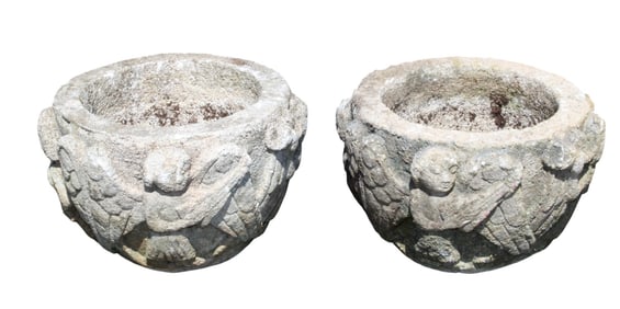 Lot of 2 French garden stone round garden planters with cherubs
