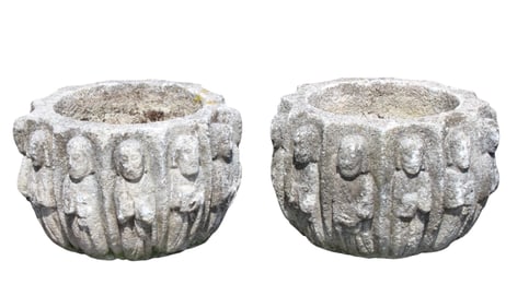Lot of 2 French garden stone round garden planters with figures in relief