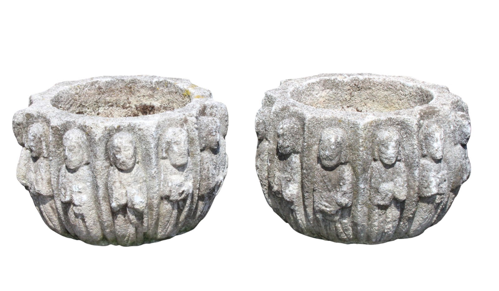 Lot of 2 French garden stone round garden planters with figures in relief (1 of 5)