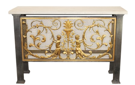 Neo-classical wrought iron console table with gilt cherubs and poured concrete top