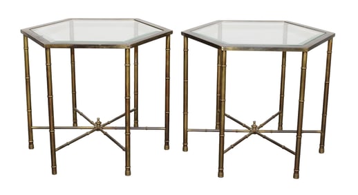 Pair of faux bamboo brass hexagonal side tables with glass tops