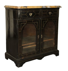 French ebonized 2 door bookcase cabinet with marble top