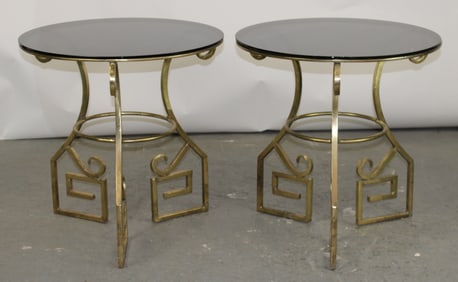 Pair of Arturo Pani style side tables on brass bases with smoked glass