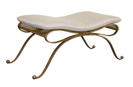 Italian mid-century gilt iron "bow" bench with cushion