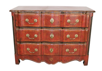 Louis XIV style tooled leather wrapped 3 drawer commode