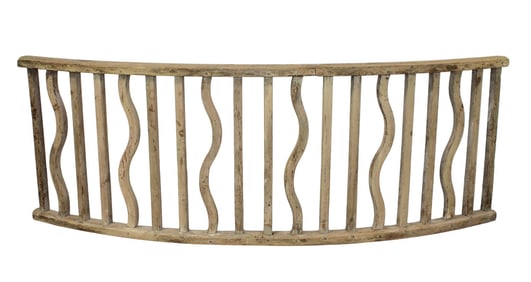 Brutalist weathered painted pine curved balcony railing