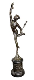 Bronze sculpture of Hermes on cylindrical plinth with cherubs in relief