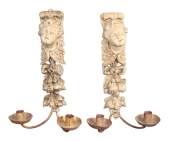 Pair of Italian relief carved oak wall sconces with cherubs