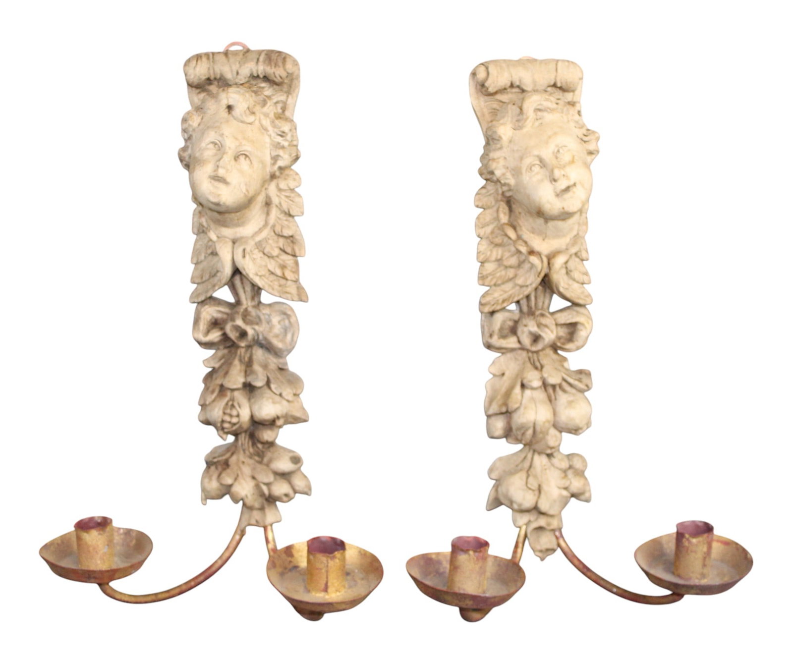 Pair of Italian relief carved oak wall sconces with cherubs: Pair of Italian relief carved oak wall sconces with cherubs. 15"h x 10"w