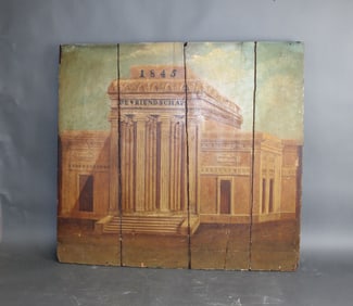 Dutch painted fireboard panel with architectural scene