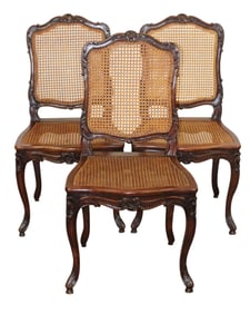 Lot of 3 French Louis XV style carved walnut chairs with cane